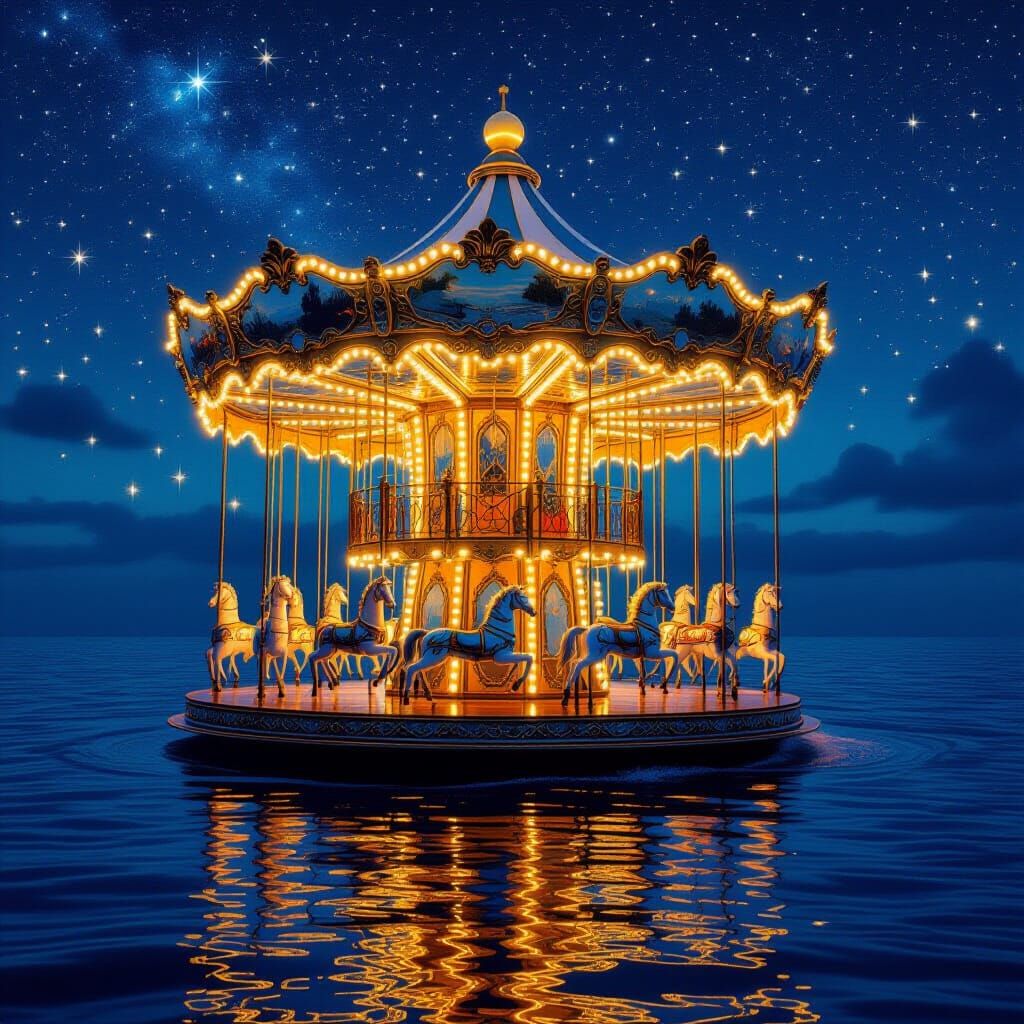 Glass and Gold Carousel Floating Over Ocean, Dreamy Art