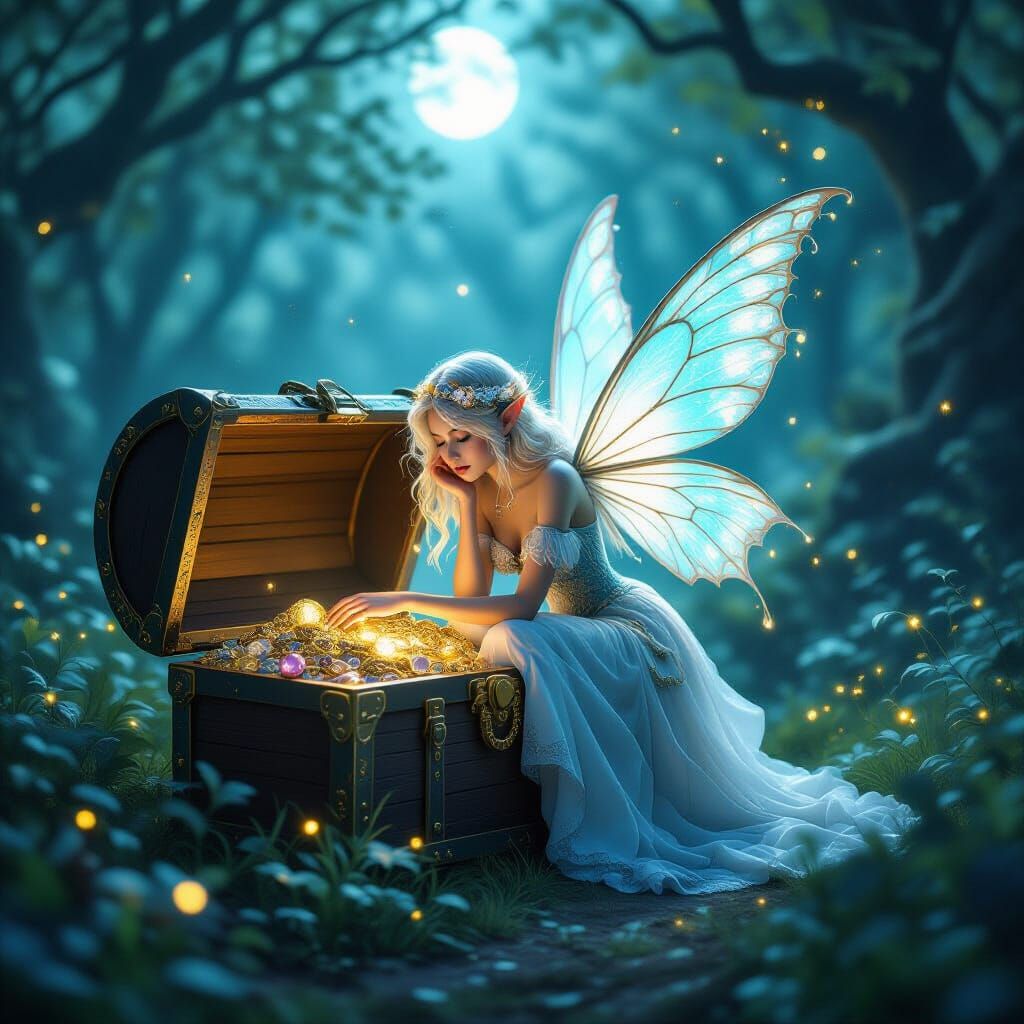 Moonfairy on Treasure Chest in Enchanted Forest