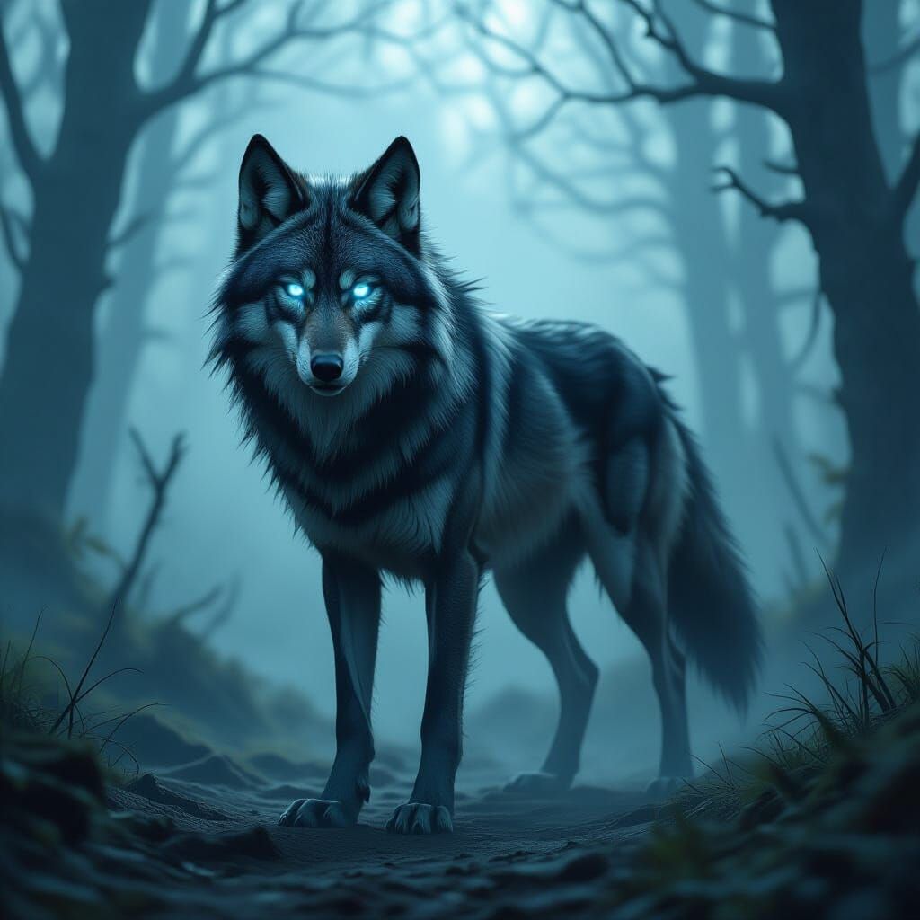 Intelligent Spectral Wolf-Creature in Dark Fantasy Art