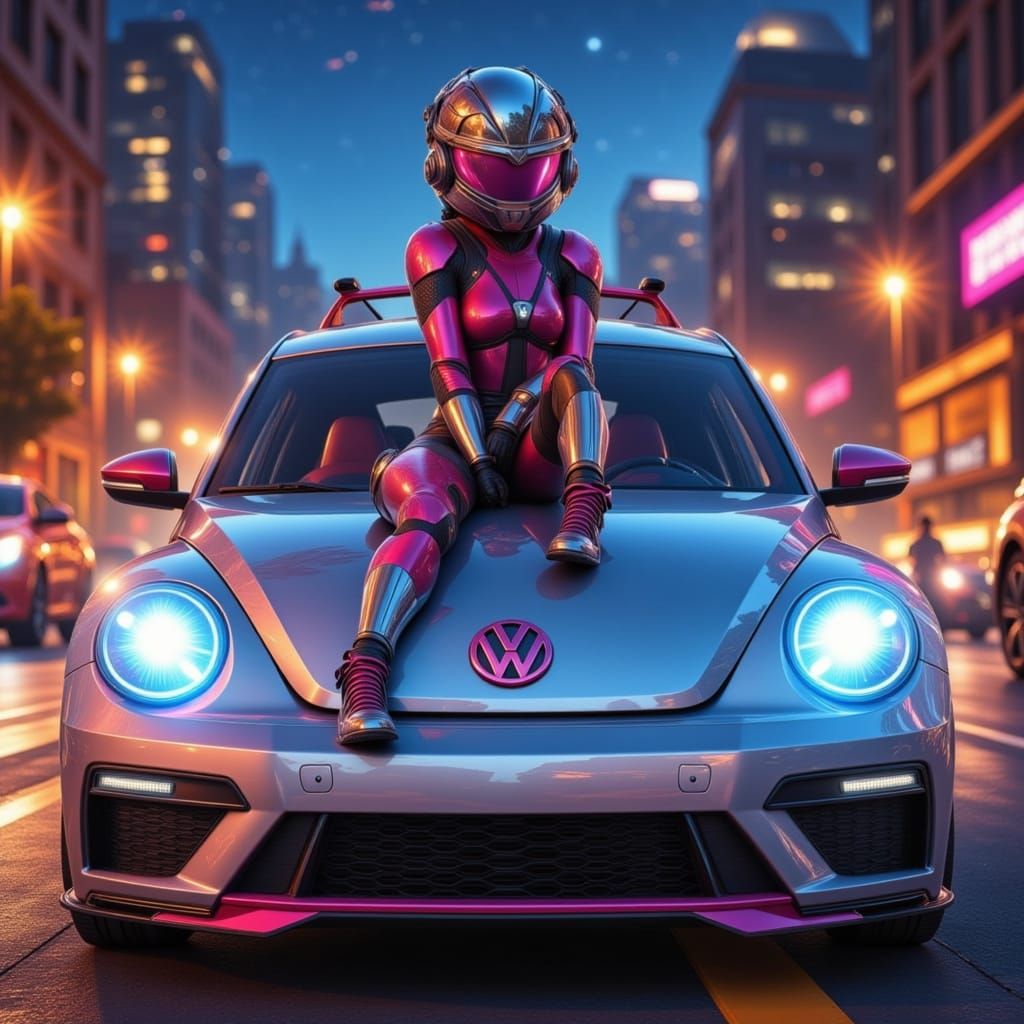 Arcee Autobot Poses with Sporty VW Beetle