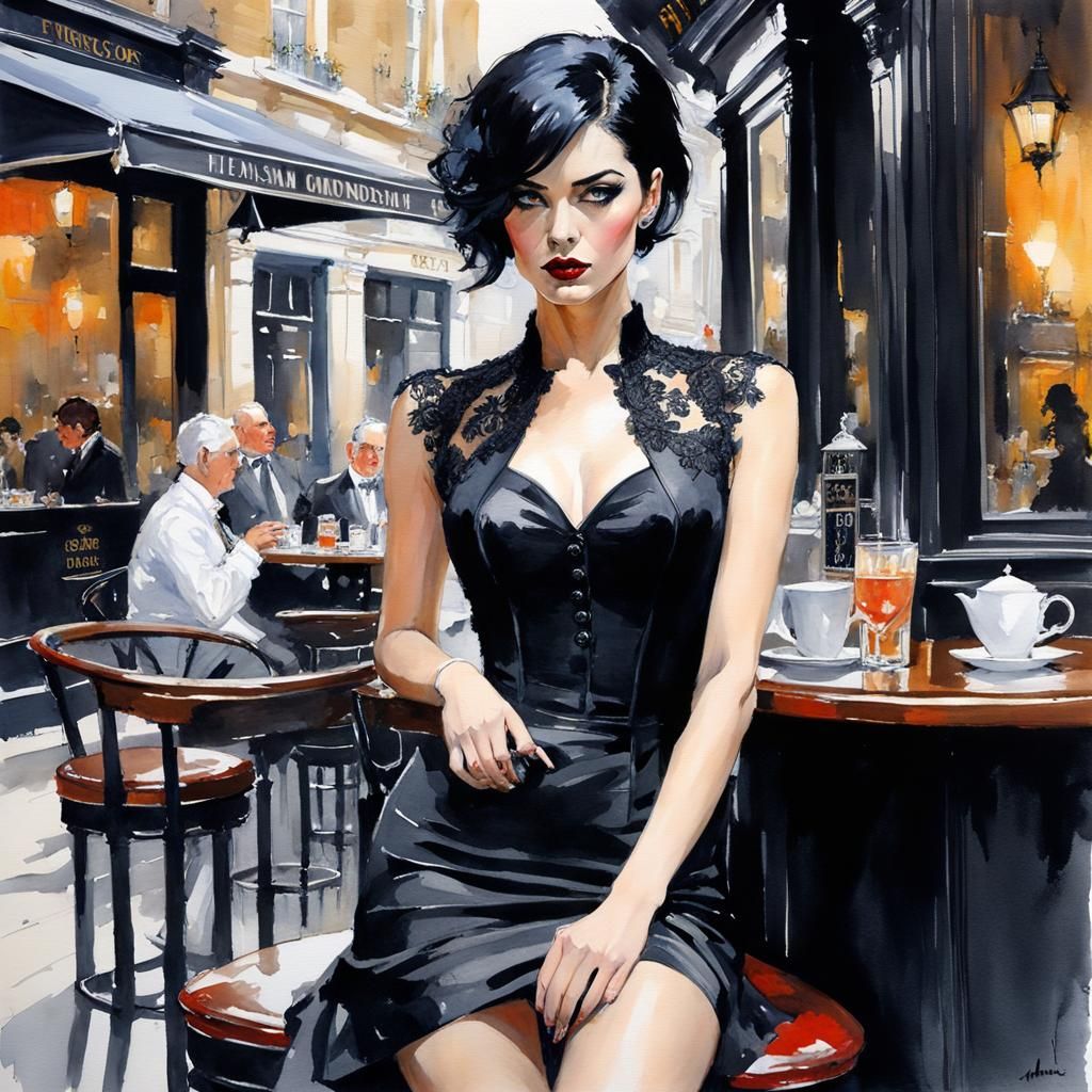 Goth Girl in London Cafe, Watercolor Art