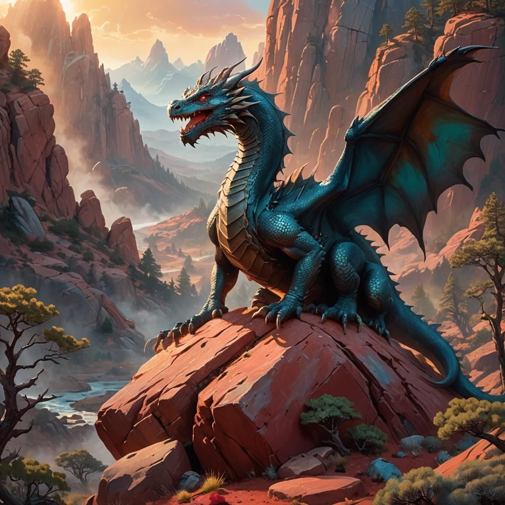 Fantasy Dragon Perched on Red Rock in Golden Light
