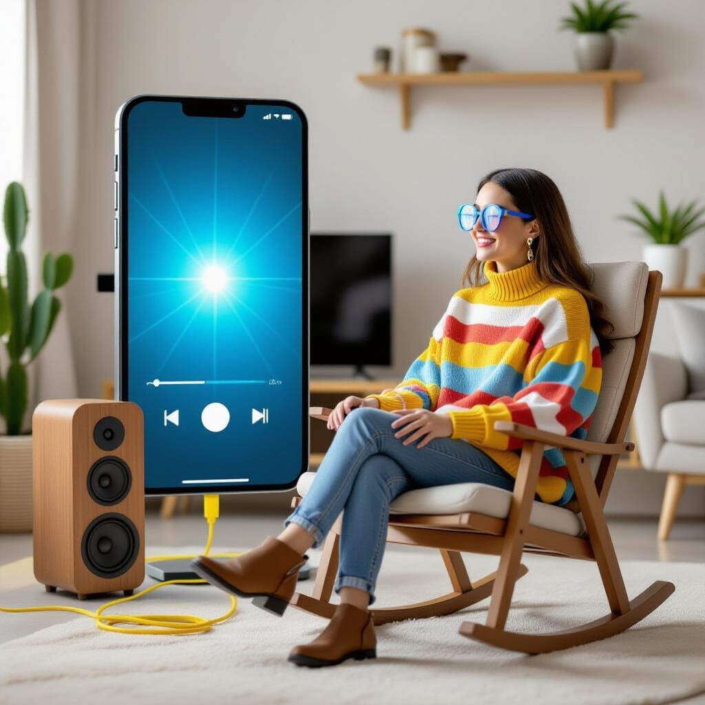 Miniature Woman with Smartphone in Cozy Room, 3D Render