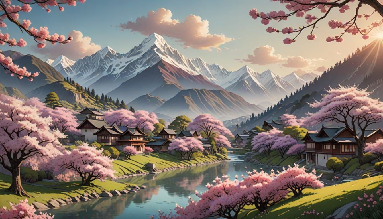 Ethereal Himalayan Panorama with Blossoms and Village