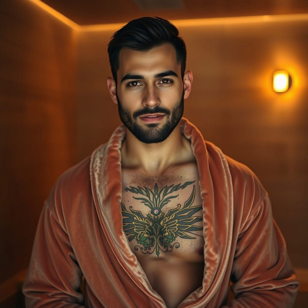Handsome Arab Man Poses in Luxurious Spa Sauna