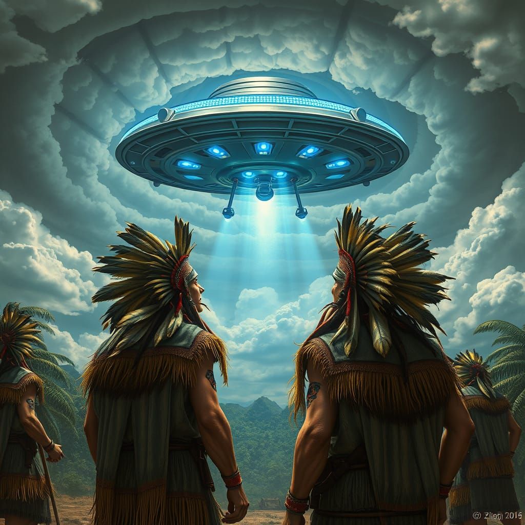 Mayan Warriors Gaze Upon Descending Flying Saucer