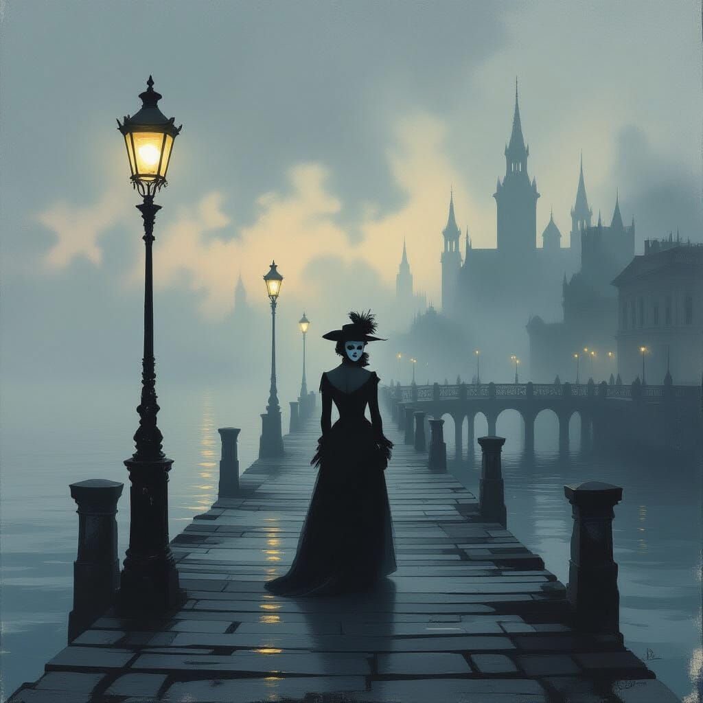 Figure in Mask on Decaying Pier at Twilight