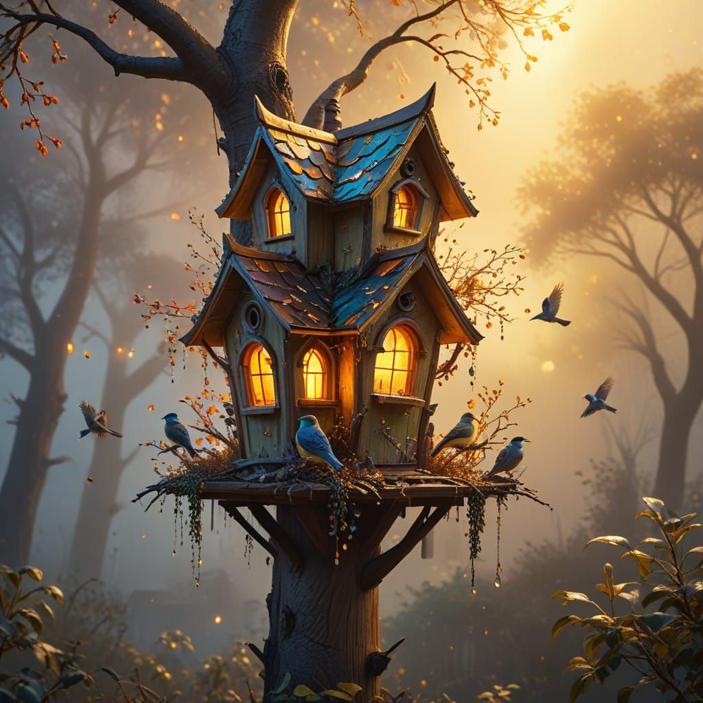Enchanted Birdhouse in Forest, Splash Art Style