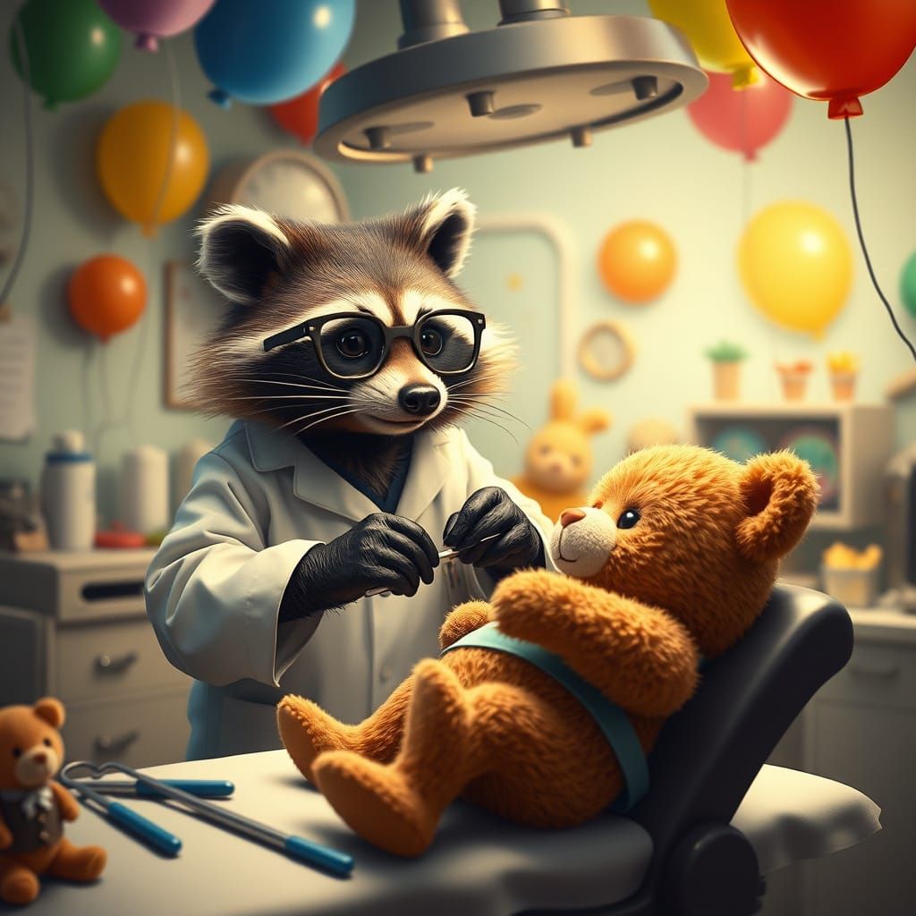 Raccoon Surgeon Performs Teddy Bear Surgery