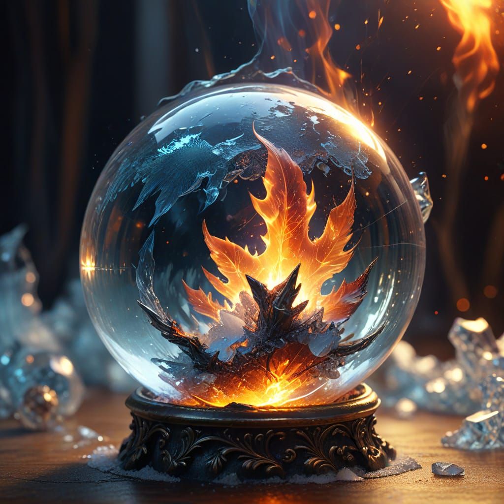 Enchanted Crystal Ball with Fire and Ice: Oil Painting