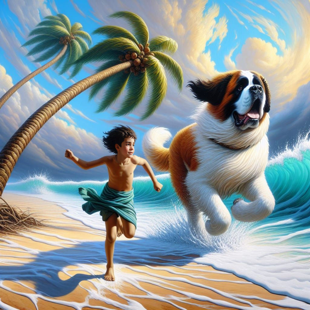 Boy and Dog on Beach, as Oil Painting