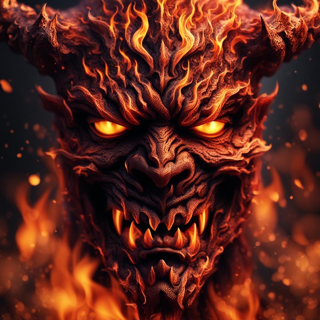 Fiery Devil Face Emerges from Flames