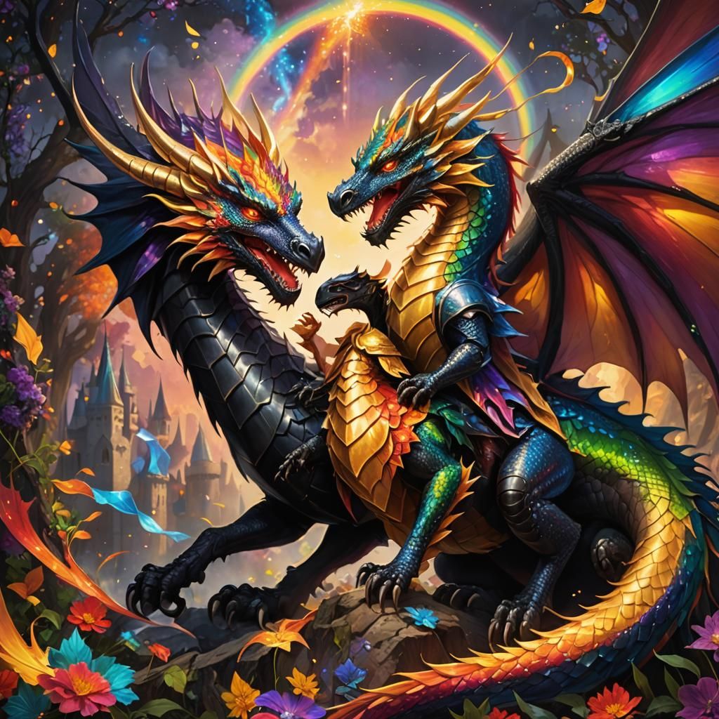 Rainbow Dragon Rescues Damsel in Fantasy Art