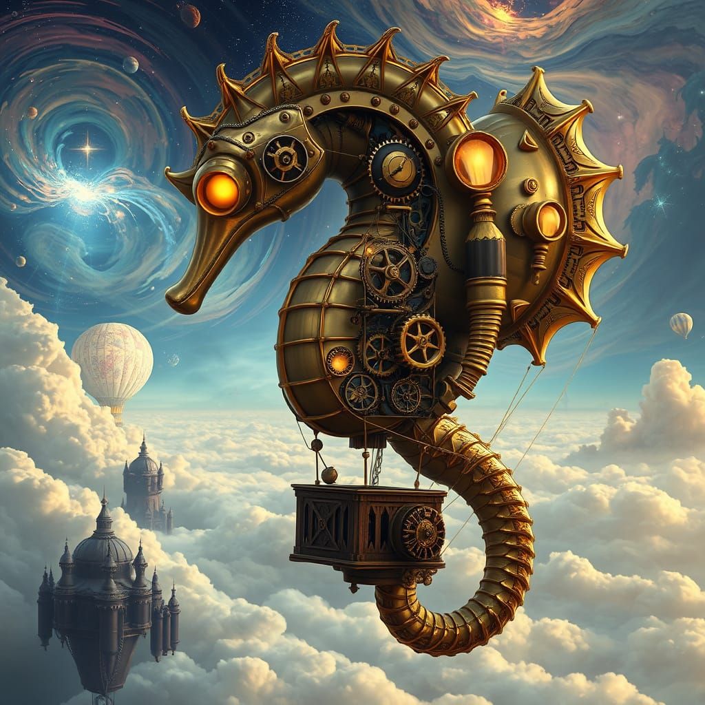 Steampunk Seahorse Balloon in Art Nouveau Style