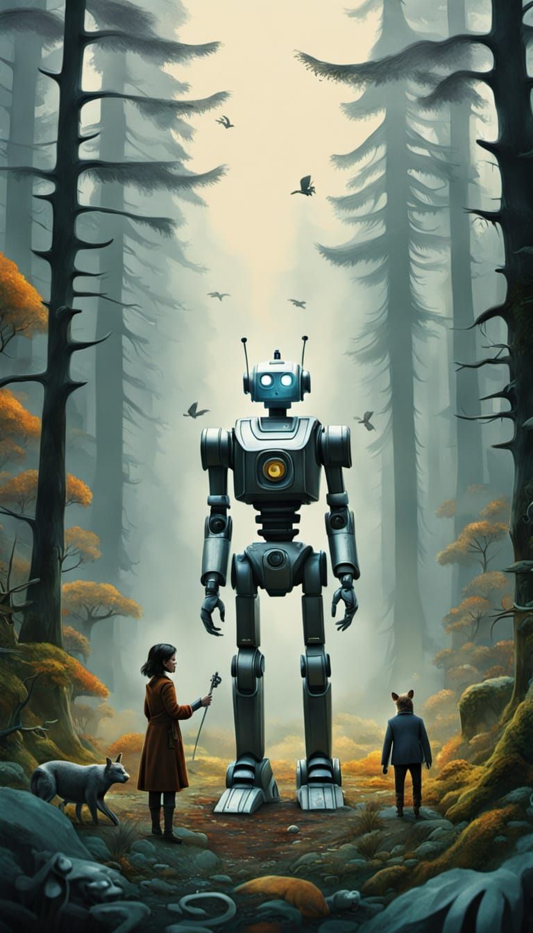 Surreal Robot Tending Animals in Dreamlike Forest