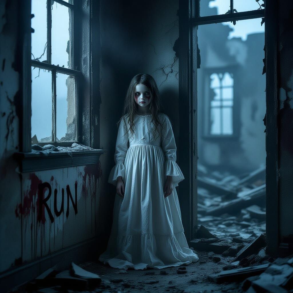 Eerie Ghost Girl in Burnt Orphanage: Dark Fantasy Scene