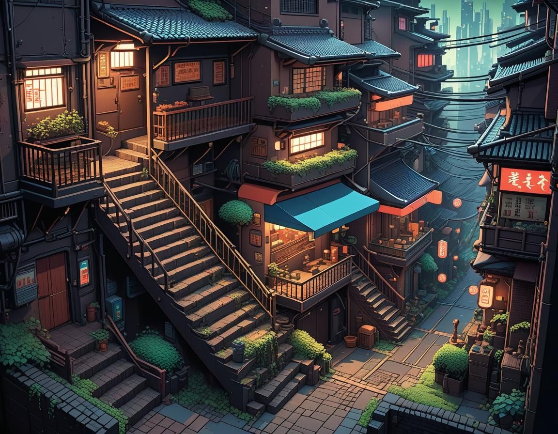 Cyberpunk Village Pixel Art in 8-bit Style