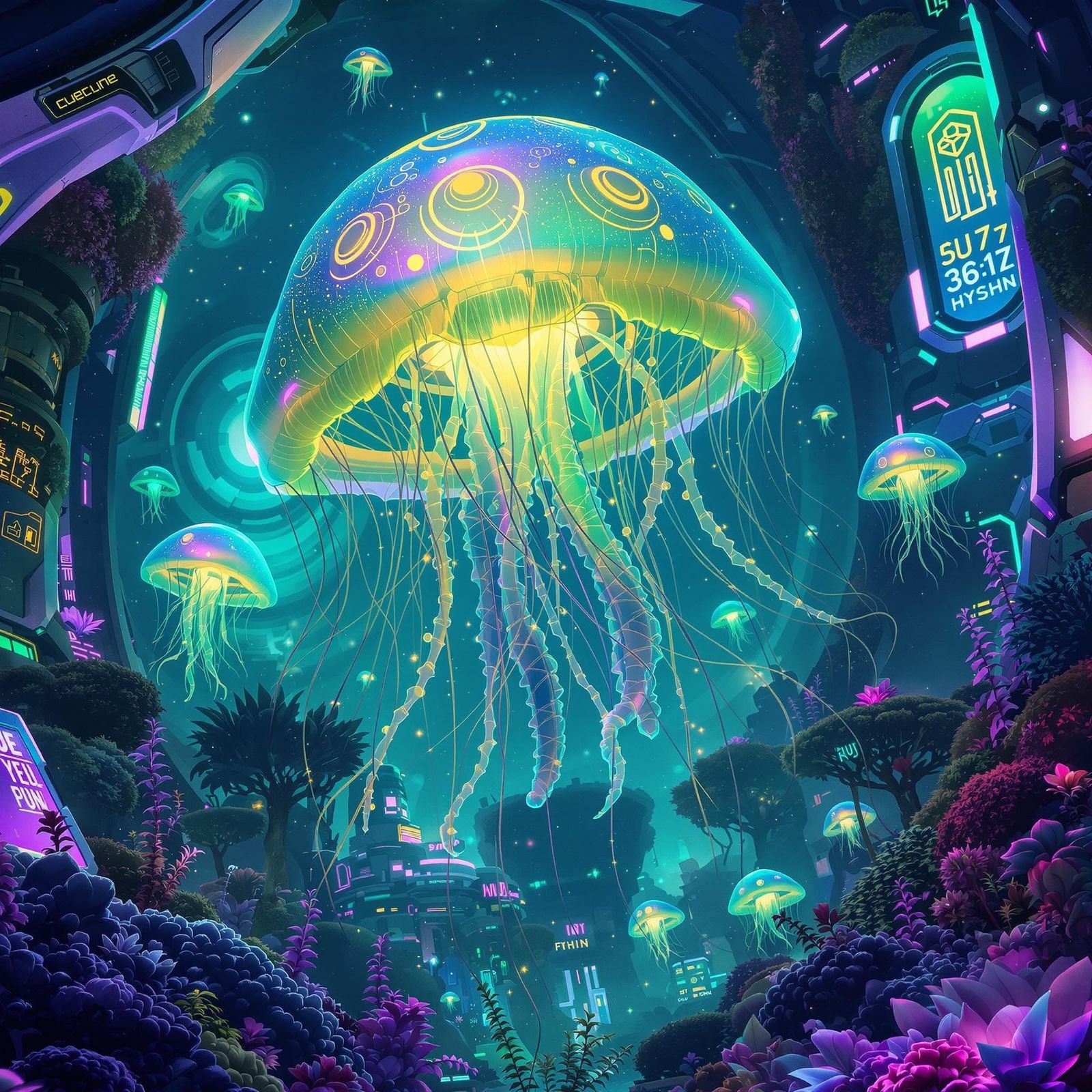 Bioluminescent Jellyfish in Cyberpunk Underwater City