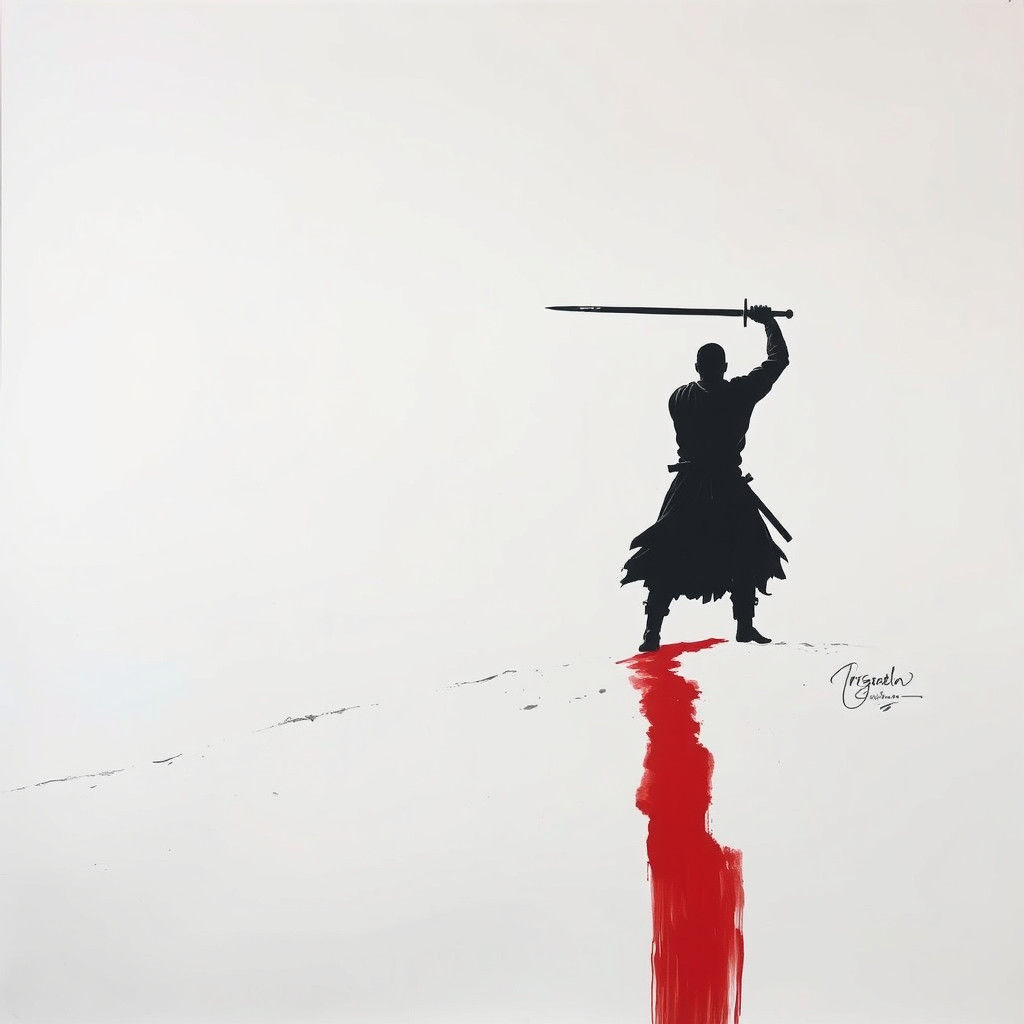 Swordsman in White Landscape with Red Stroke