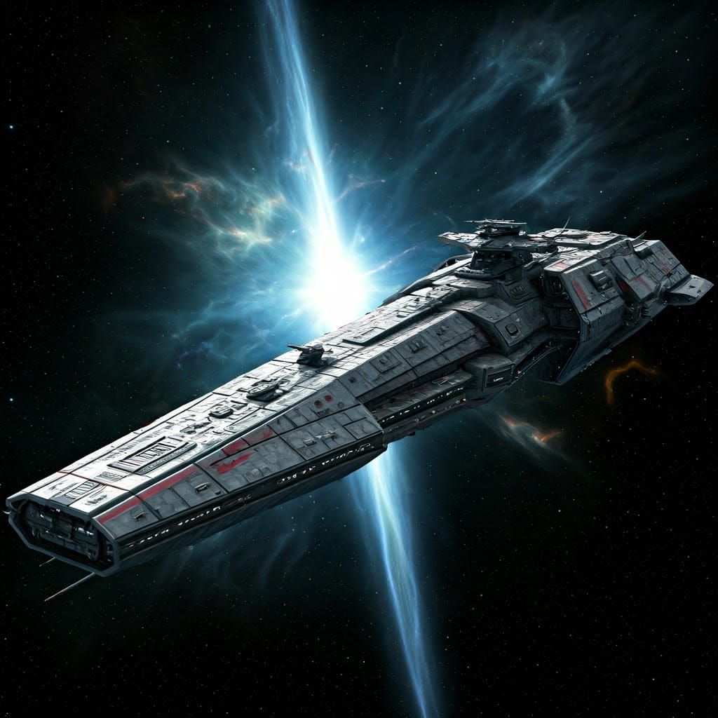 Sleek Space Warship in Nebula with Spinal Laser