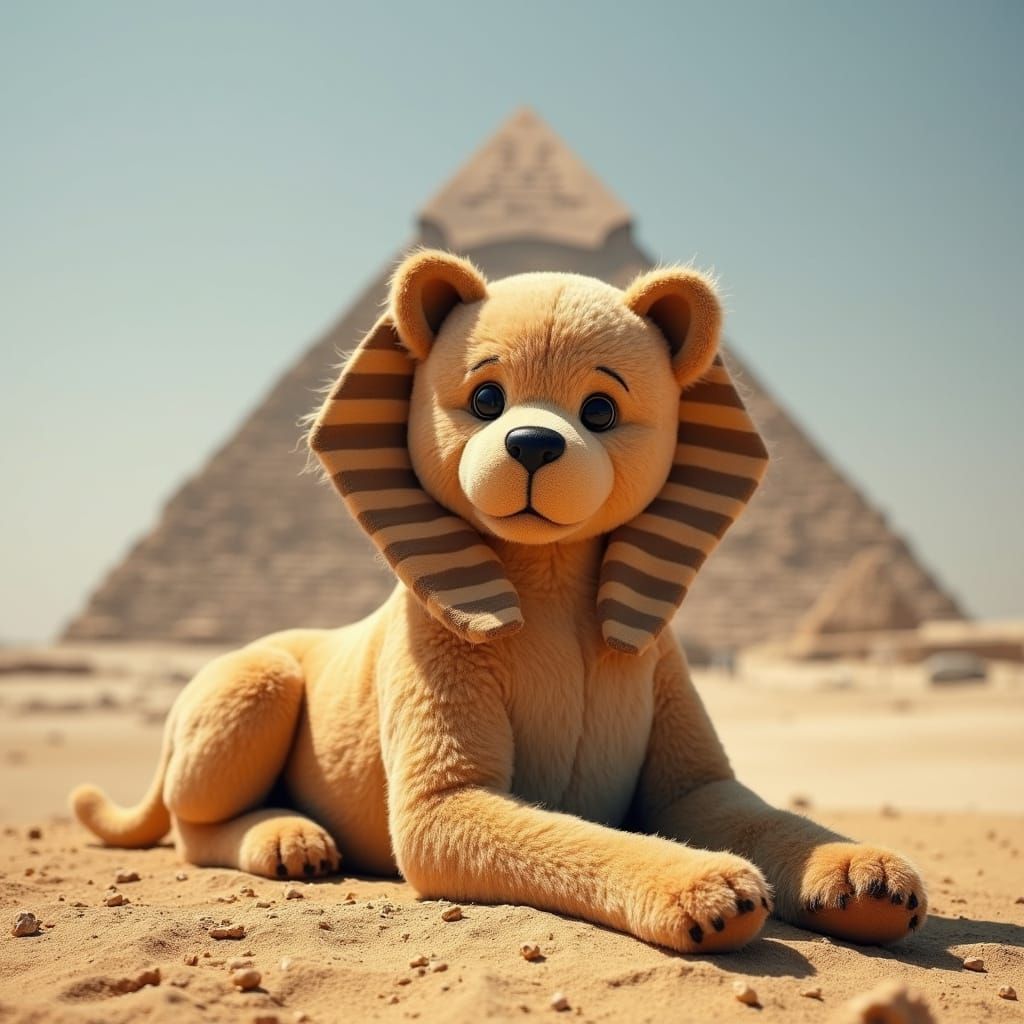 Mystical Teddy Bear Sphinx Before Ancient Pyramid