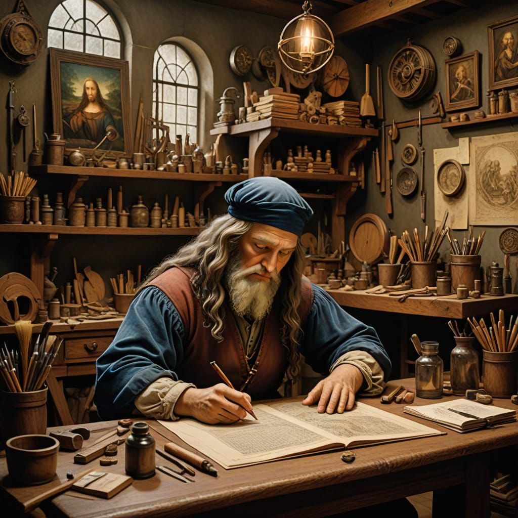 Renaissance Mastermind at Work in Vibrant Oil Painting