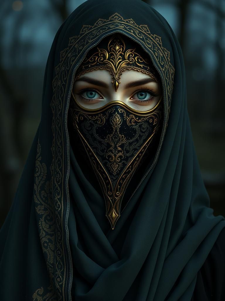 Gothic Elvish Priestess with Golden Niqab Mask