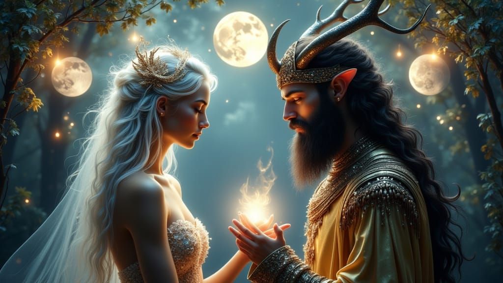 Triple Moon Goddess and Horned God in Lunar Glow