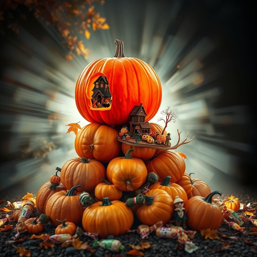 Halloween Pumpkin Stack Double Exposure Watercolor Illustrat...