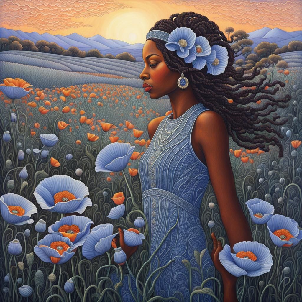 Detailed Orange Poppies Field, Visionary Art