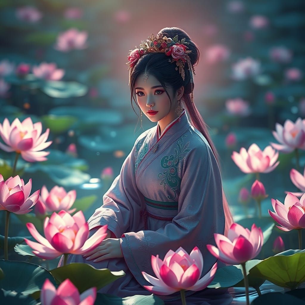 Chinese Woman in Lotus Pond: Digital Matte Painting