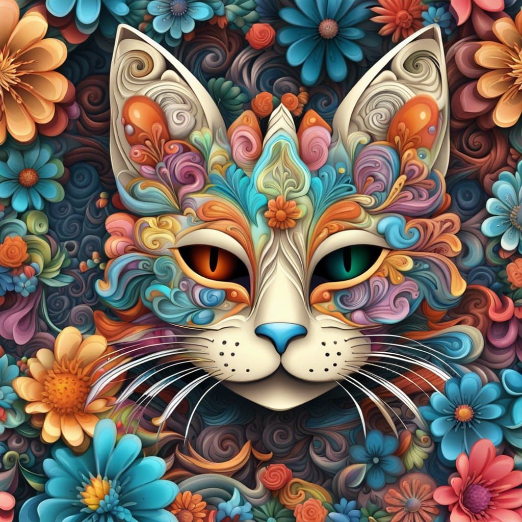 Colorful 3D Cat with Abstract Fractal Flowers