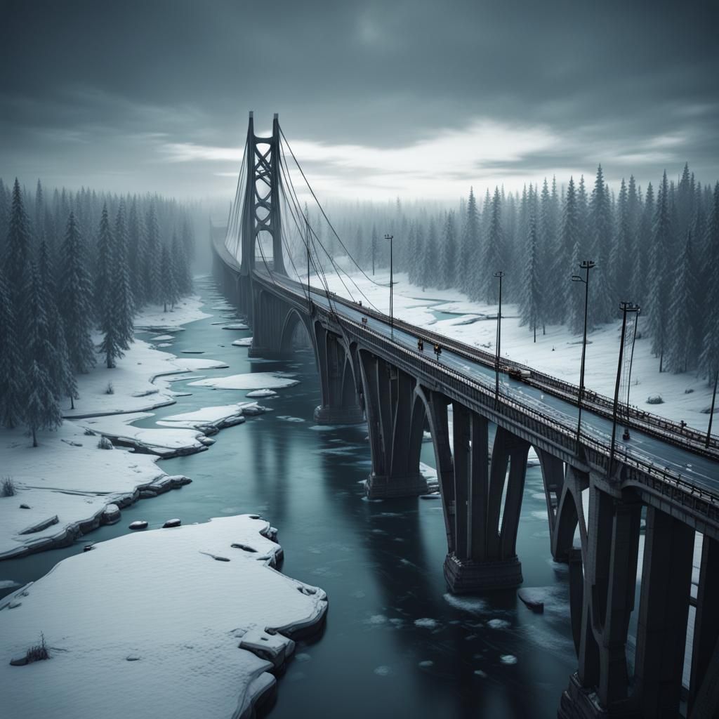 Dystopian Bridge Over Frozen River in Cinematic Style
