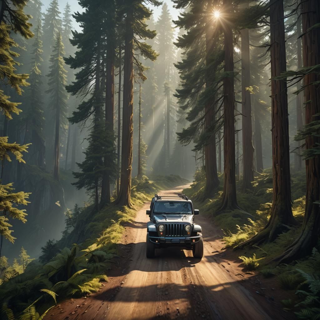 Overland Jeep Drives Through Redwood Forest