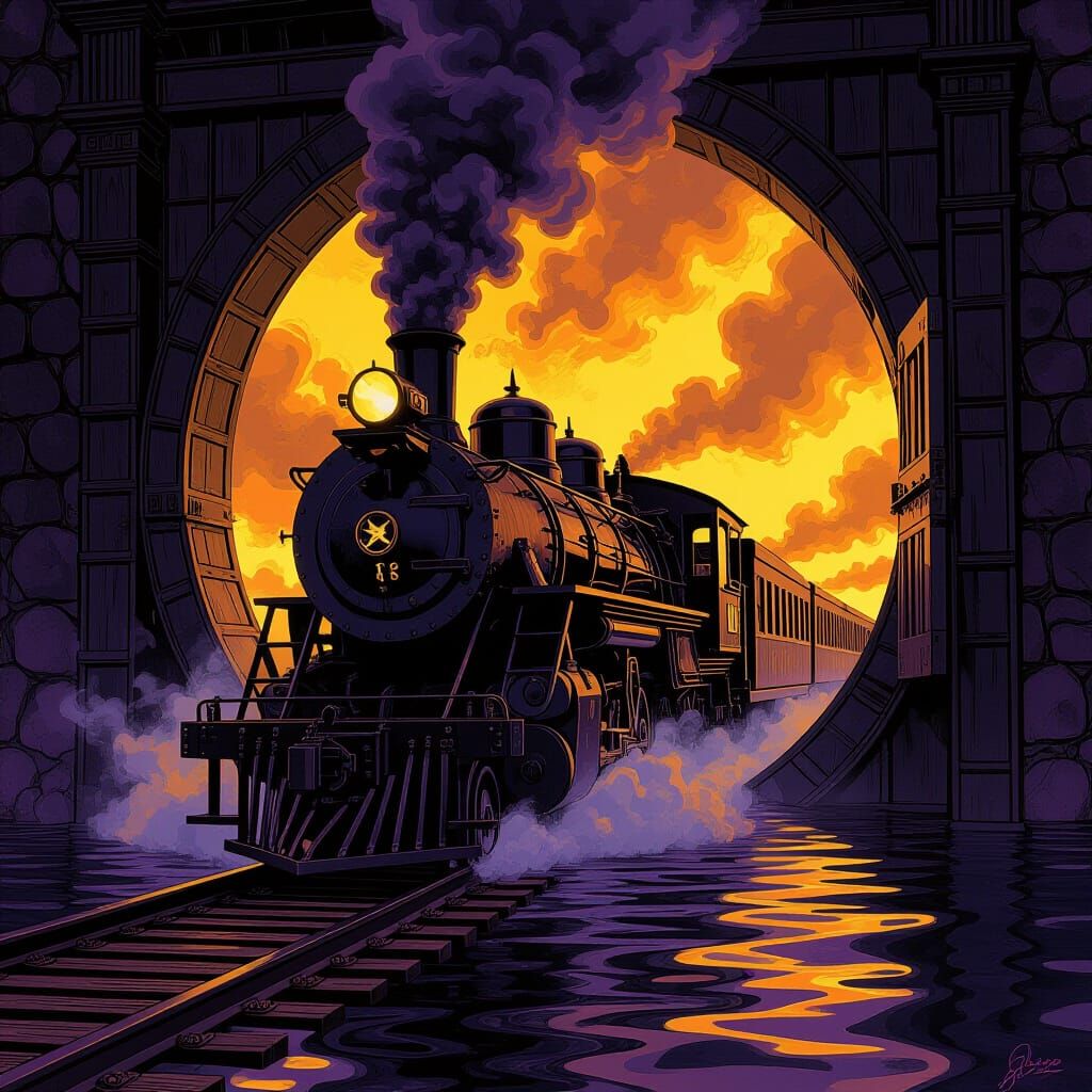 Dark Wood Train Enters Hell Door in Alcohol Ink Style