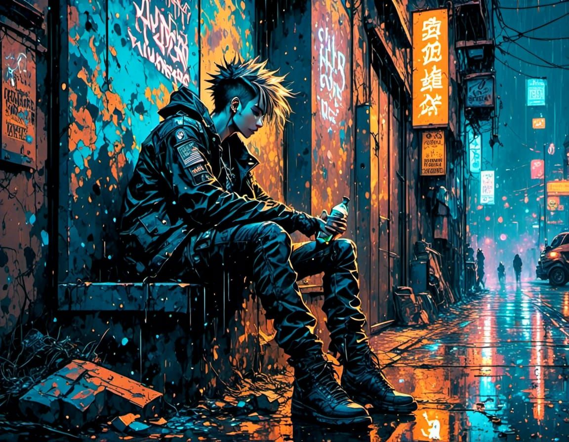 Cyberpunk Punk Drinks in Rainy Alleyway