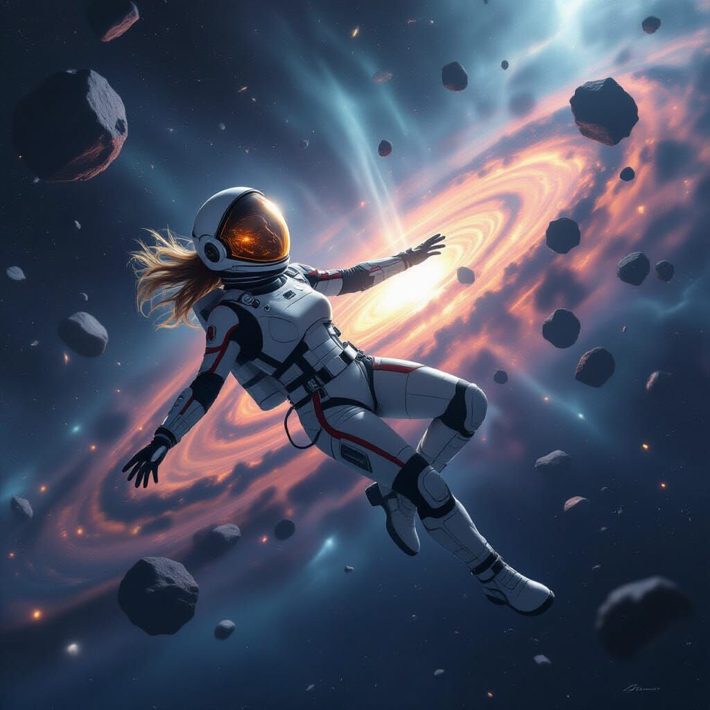 Space Woman Drifting in Galactic Debris