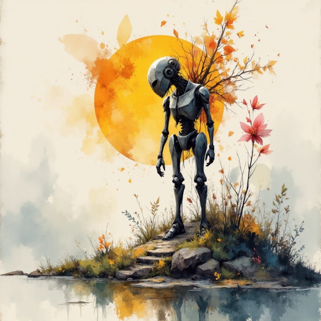 Giant Robot Sunrise: Charcoal and Watercolor Fusion