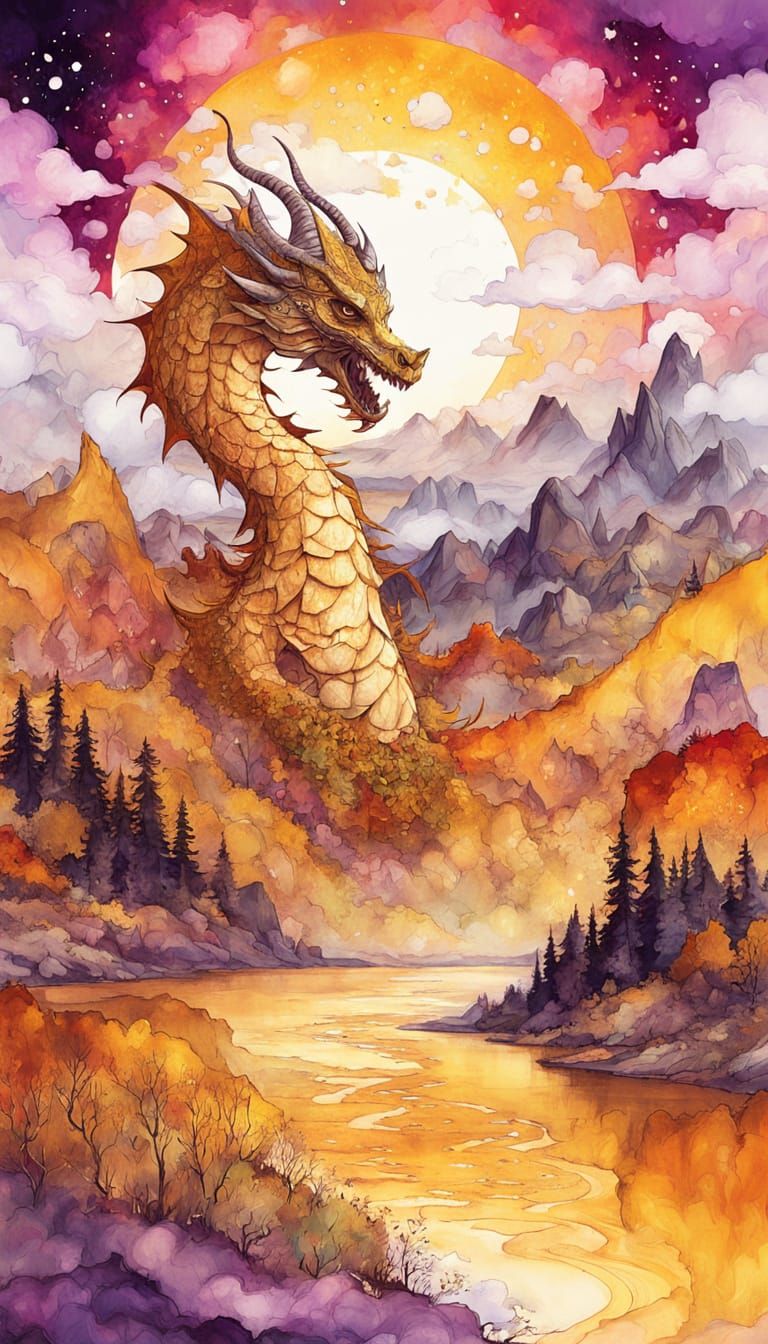 Golden Dragon in Alcohol Ink and Watercolor Landscape