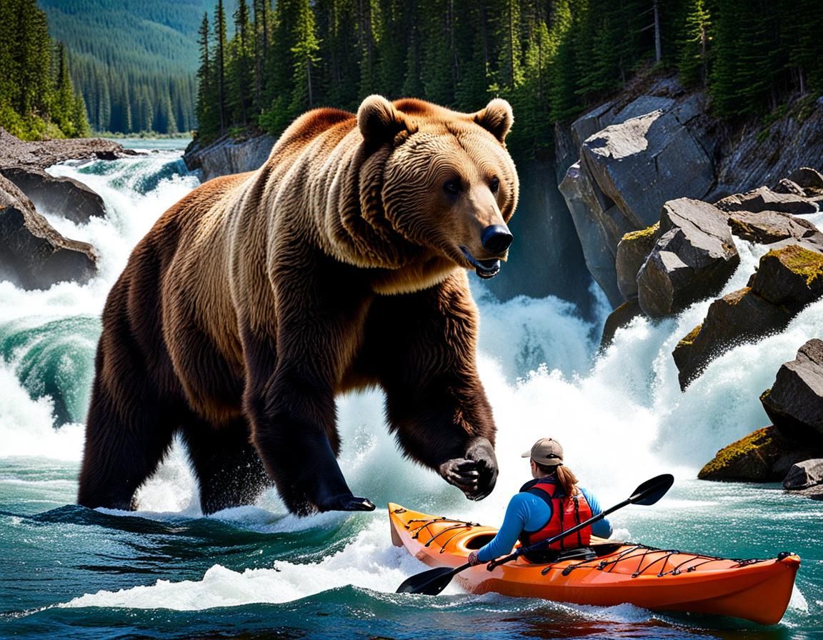 Woman Kayaking Past Bear in Wild River