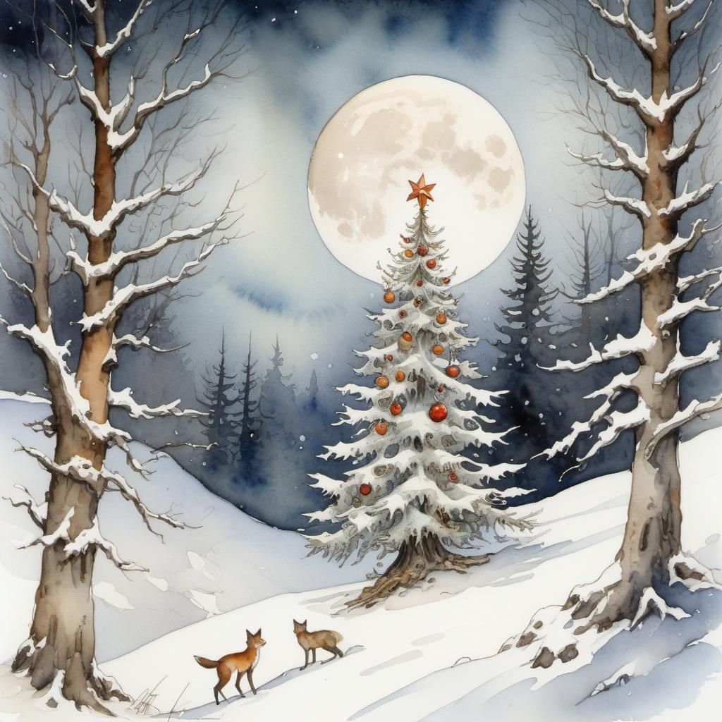 Whimsical Christmas Fox in Snowy Forest Watercolor