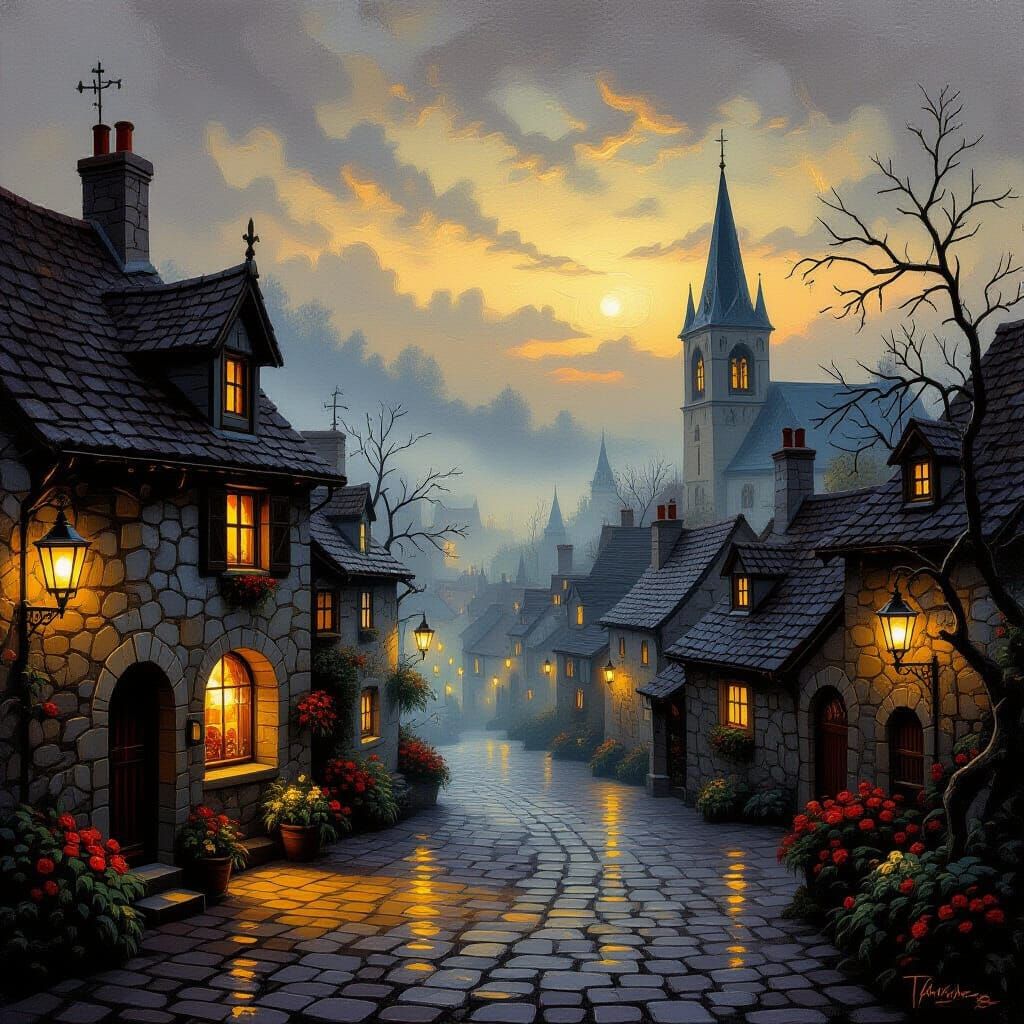 Misty Autumn Village Square at Twilight, Impasto Oil Paintin...