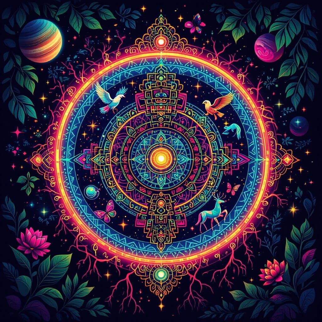Psychedelic Mayan Mandala with Spirit Animals