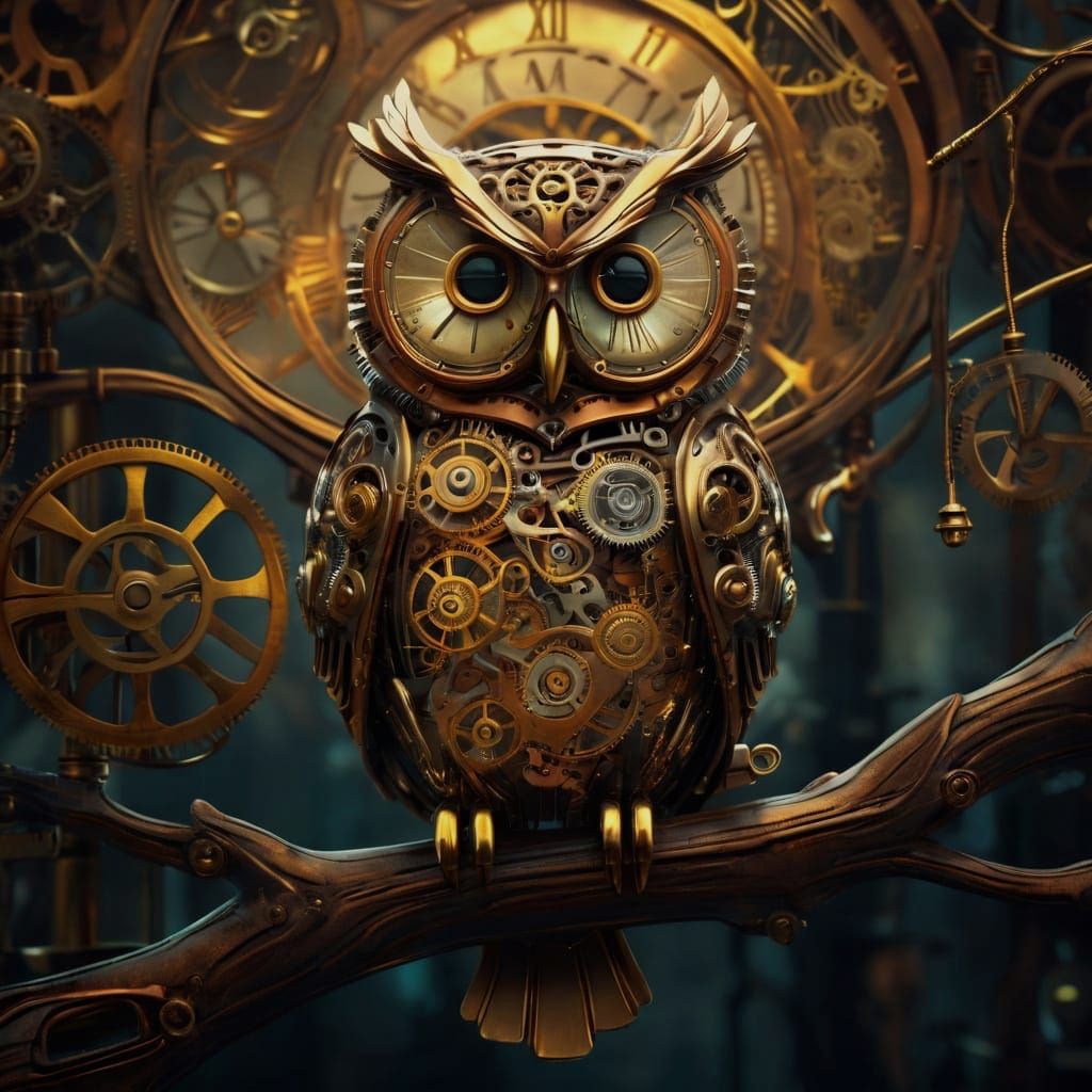 Steampunk Clockwork Owl on Clockwork Tree