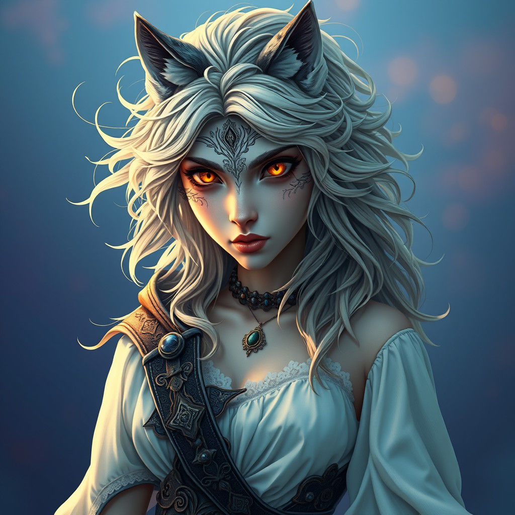 Mystical Wolf Girl Portrait in Art Nouveau Style