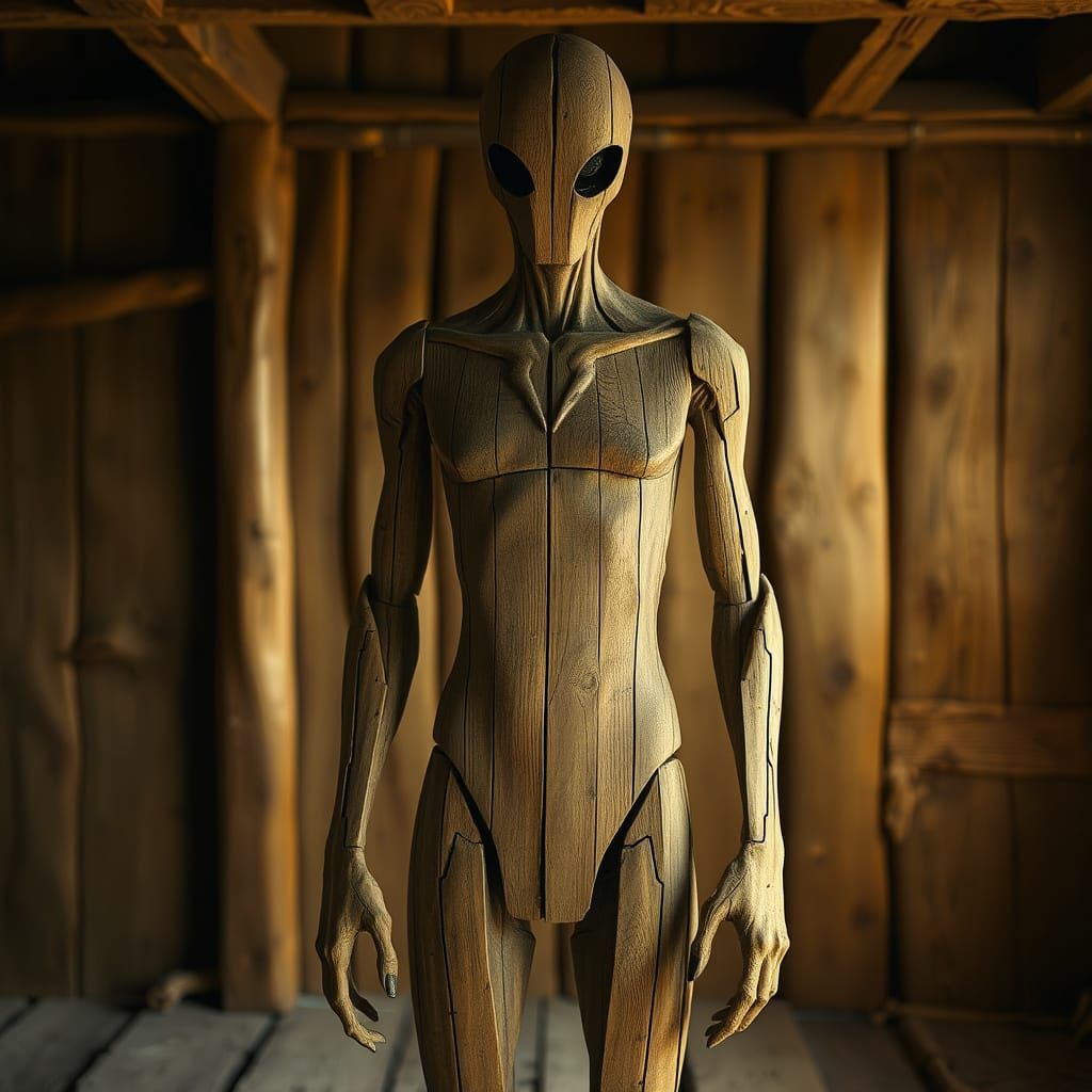 Weathered Plywood Figure in Warm Wooden Environment
