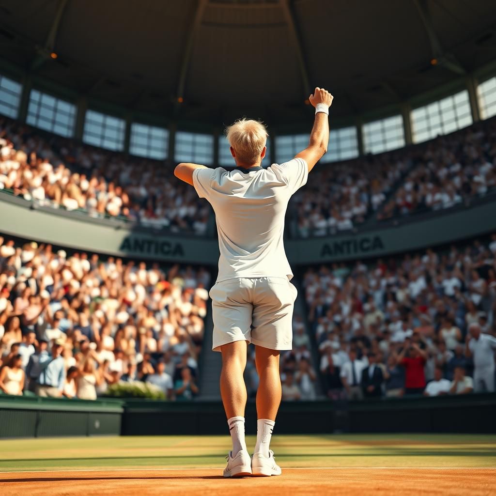 Tennis Player Celebrates Victory in Packed Stadium