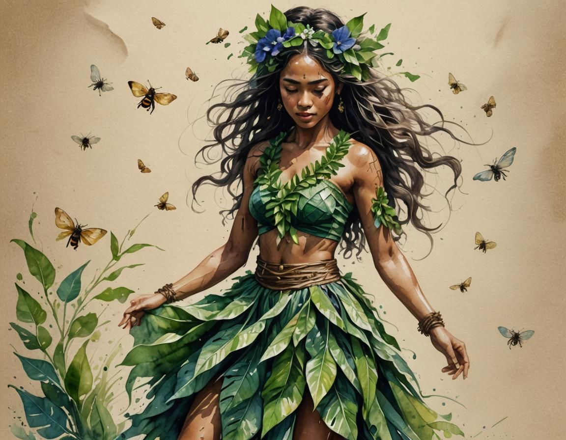 Polynesian Dancer on the Beach in Watercolor and Ink