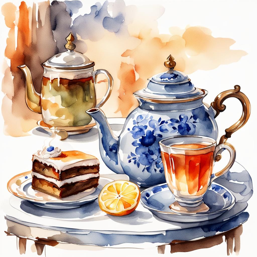 Cozy Watercolor Sketch of Samovar, Cake, and Tea