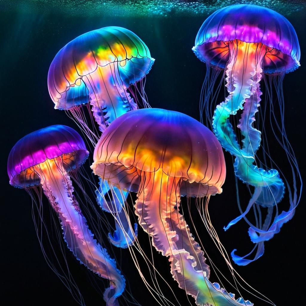 Bioluminescent Rainbow Jellyfish in Deep Sea Fantasy